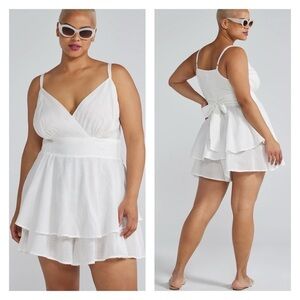 SRV‎ x FTF Blanca Tie Front Flowy Romper Tiered Shorts Surplice Neckline Woven
